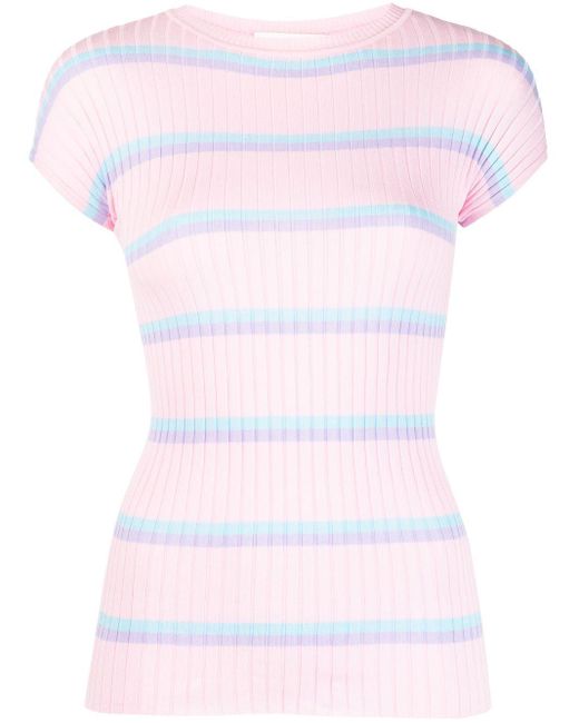 Sportmax Pink Striped Ribbed-knit Cotton T-shirt