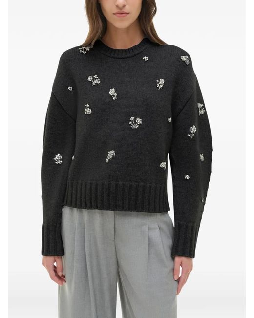 Jonathan Simkhai Black Coraline Floral-Embellished Crew-Neck Sweater