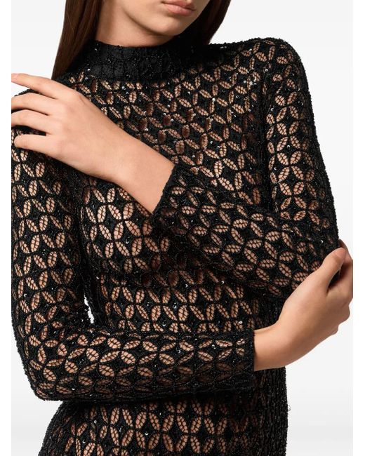Philipp Plein Black Embroidered Long Dress Crystal