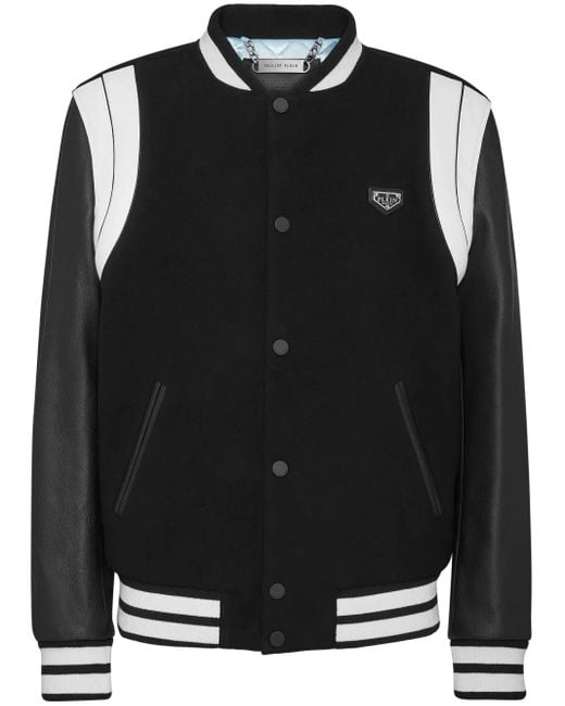 Philipp Plein Black Leather Sleeves Bomber Jacket for men