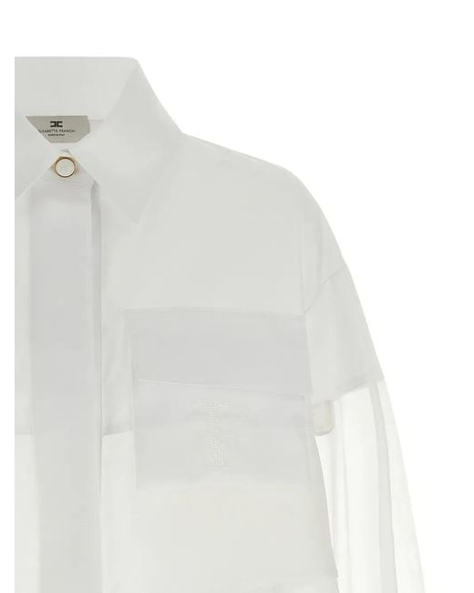 Elisabetta Franchi White Organza Crochet-Logo Crop Shirt