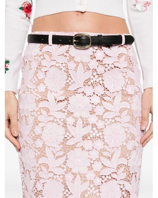 Self-Portrait Pink Floral-Lace Belted Midi Skirt