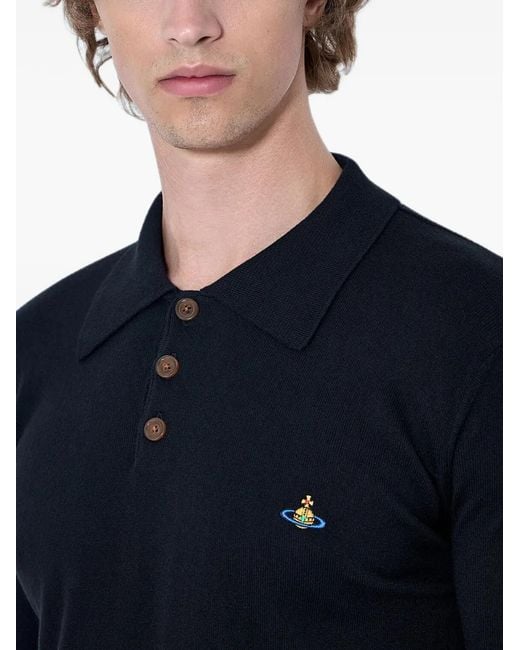 Vivienne Westwood Blue Embroidered-Motif Ribbed-Trim Polo Shirt for men