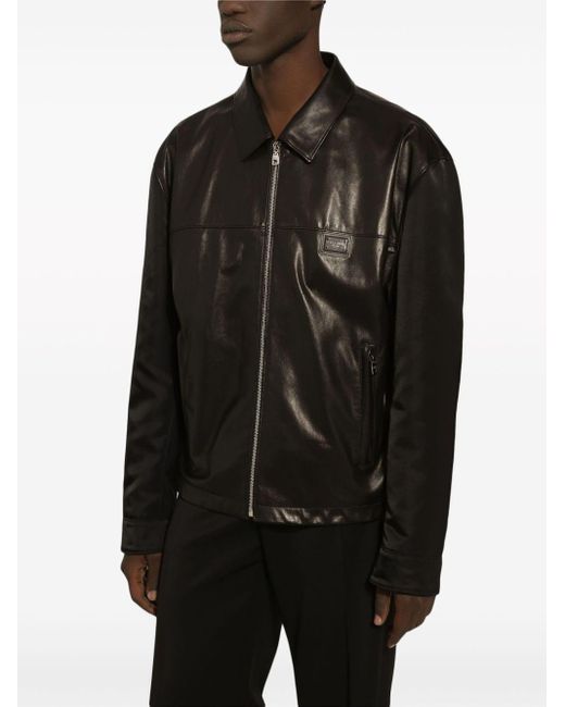 Veste en cuir à plaque logo Dolce & Gabbana pour homme en coloris Black