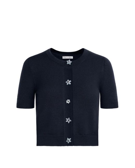 Oscar de la Renta Blue Floral-Buttons Cropped Cardigan