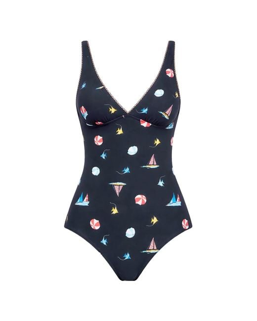 Seafolly Blue Geometric-Print Scalloped Swimsuit