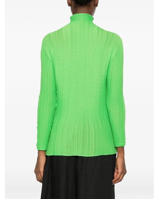 Issey Miyake Green Pleated High-Neck Blouse