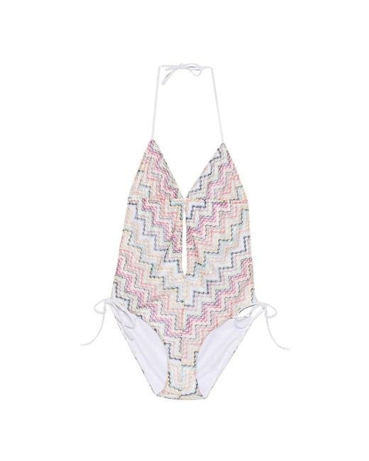 Missoni White Zigzag-Knit Halterneck Swimsuit