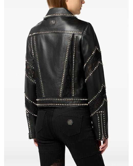 Philipp Plein Black Biker Jacket With Lace Inserts