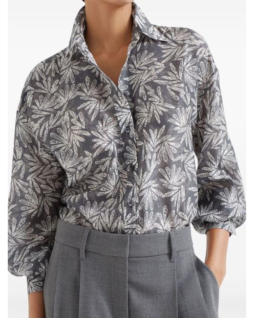 Brunello Cucinelli Gray Abstract-print Silk Shirt