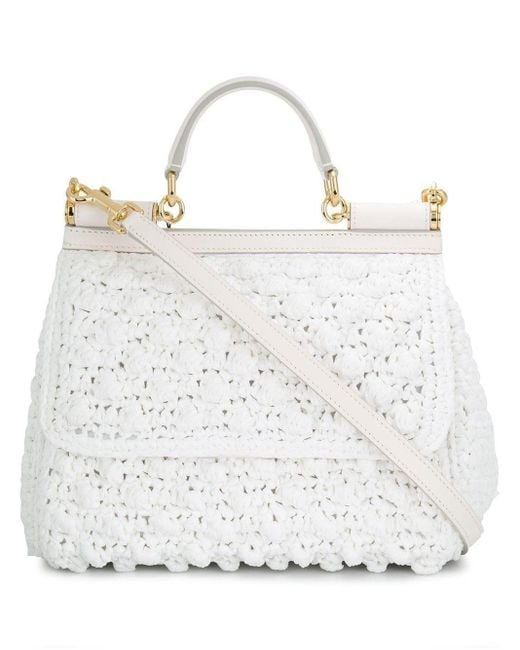 Medium Sicily Bag In Raffia Crochet di Dolce & Gabbana in White