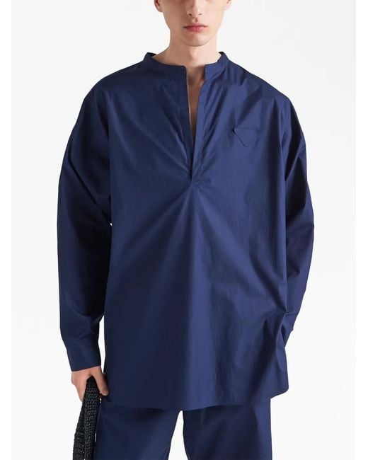 Prada Blue Triangle-Logo Cotton Shirt for men