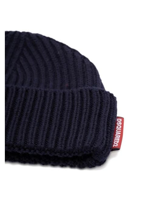 DSquared² Blue Ribbed Wool Beanie for men