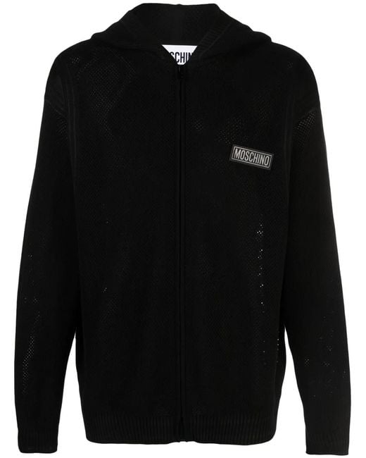 Moschino Black Logo-Patch Open-Knit Hoodie for men