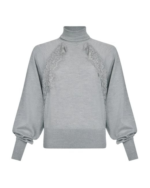 Liu Jo Gray Lace-Panel Puff-Sleeve Sweater