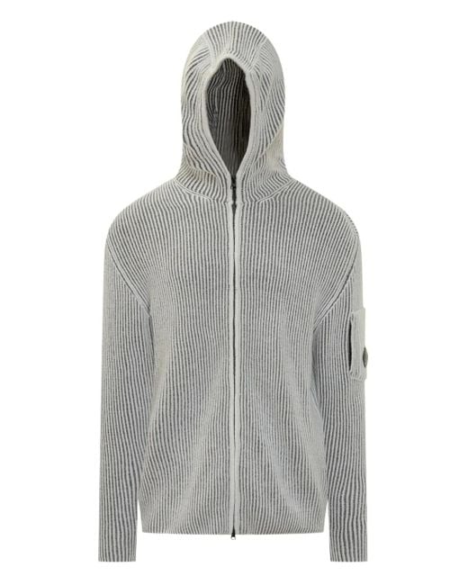 C P Company Gray Hooded Ribbed Cardigan for men