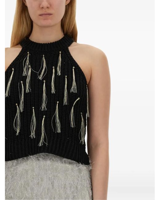 Alysi Black Halter-Neck Tassel Top
