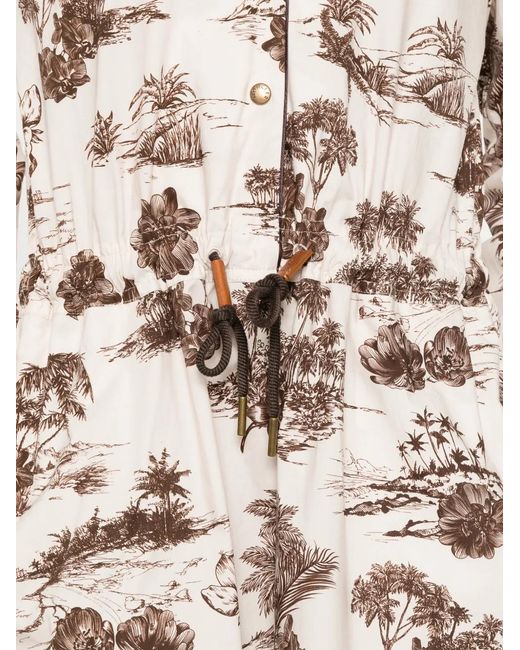 Moncler White Drawstring Floral-Print Midi Dress