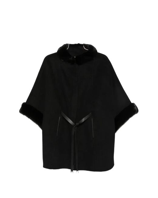 Liska Black Fur-Trim Belted Poncho