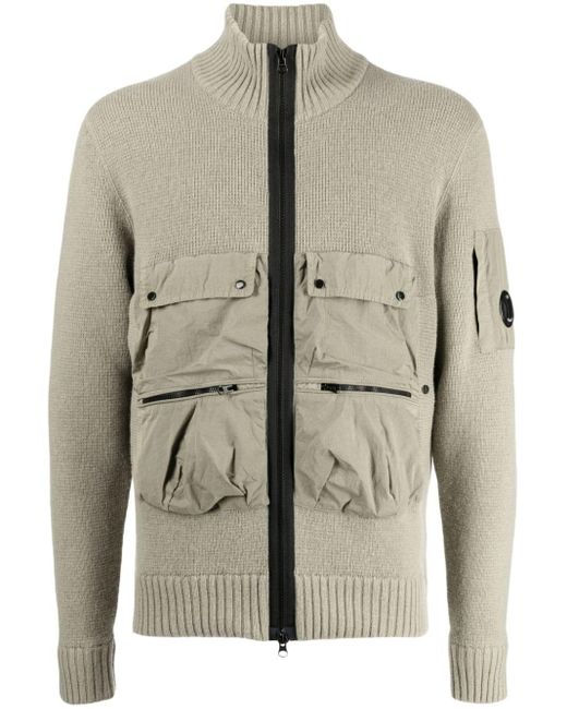 C P Company Gray Cargo Pockets Zipped Cardigan for men
