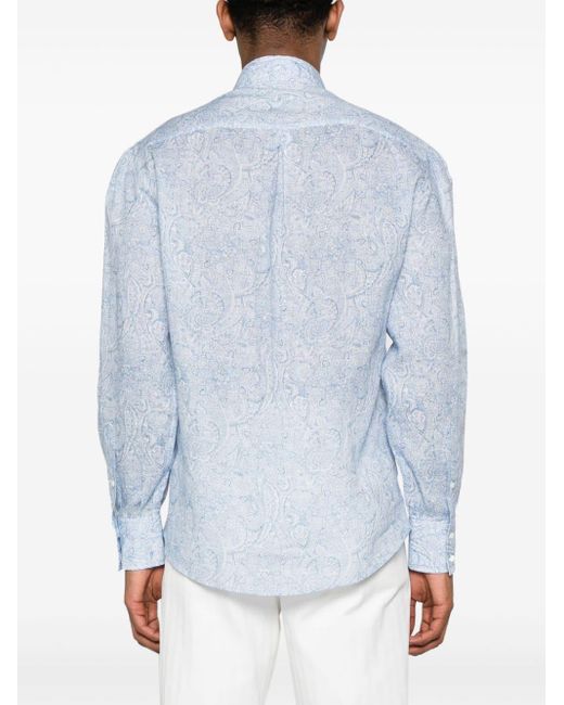 Brunello Cucinelli Blue Paisley-print Linen Shirt for men
