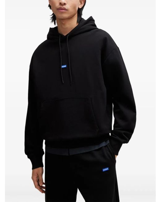 HUGO Black Logo-Appliqué Cotton Hoodie for men