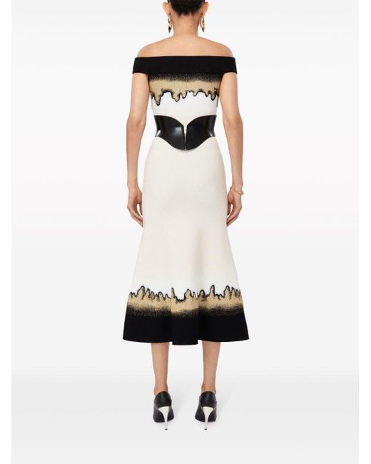 Alexander McQueen White Off-shoulder Jacquard Midi Dress