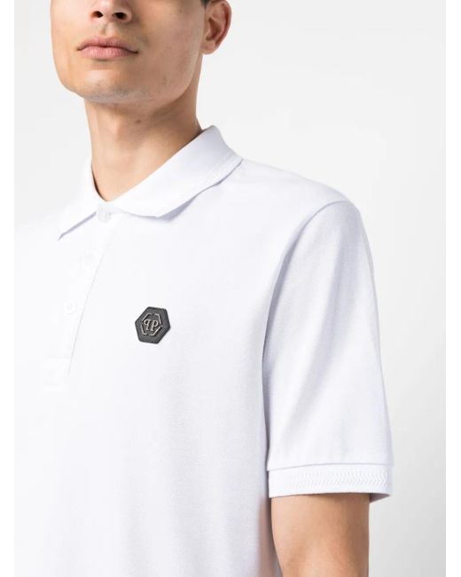 Philipp Plein White Logo-Patch Short-Sleeve Polo Shirt for men