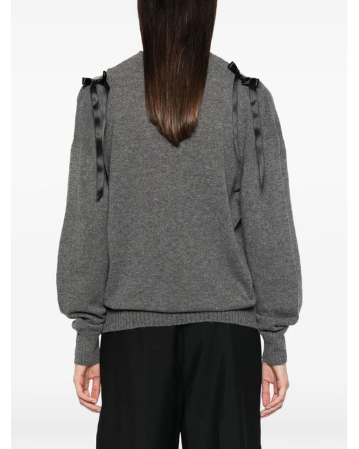 Simone Rocha Gray Bow-Embellished Cold-Shoulder Sweater