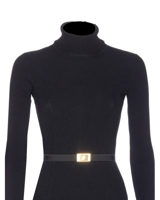 Elisabetta Franchi Blue Ribbed High-Neck Belted Midi Dress