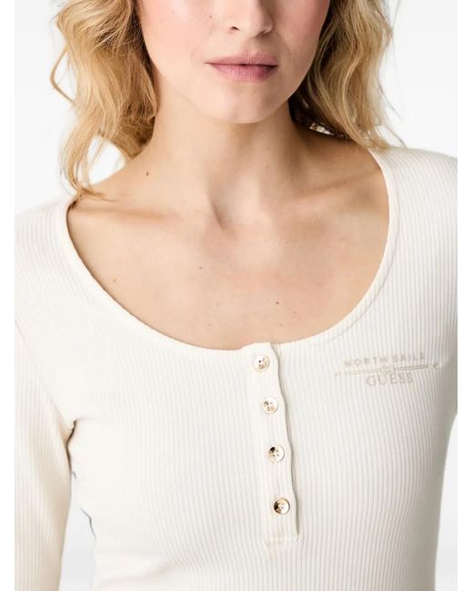 Guess White Ribbed-Knit Henley Top