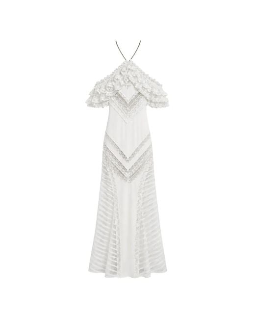 Amen White Lace-Panelled Ruffled Maxi Dress
