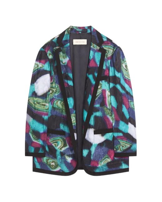 Dries Van Noten Blue Oversized Moiré Blazer