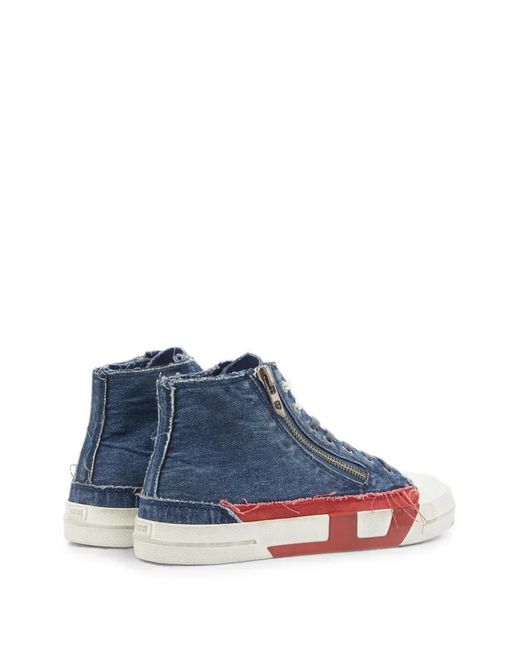 DIESEL Blue Frayed Denim High-Top Sneakers for men
