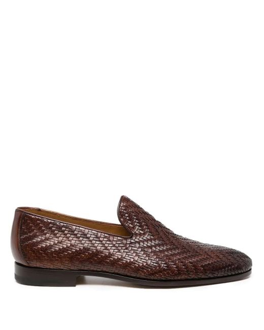 Magnanni Shoes Brown Interwoven Leather Loafers for men