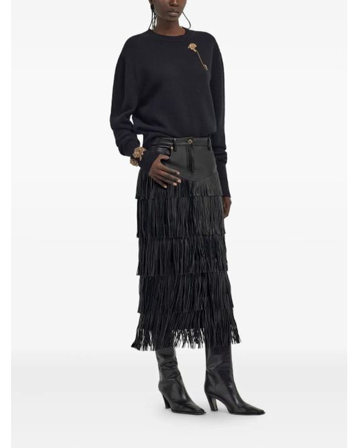 Roberto Cavalli Black Fringed Midi Skirt