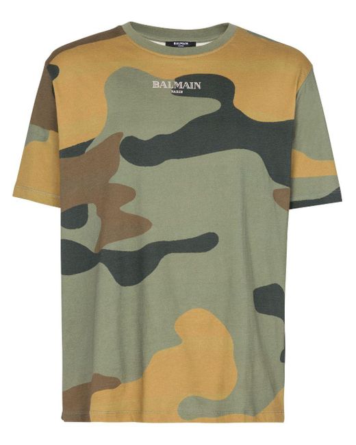 T-shirt en coton à imprimé camouflage Balmain pour homme en coloris Green