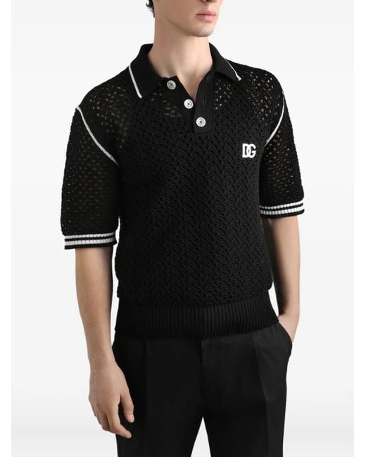 Dolce & Gabbana Black Crochet-Knit Short-Sleeve Polo Shirt for men
