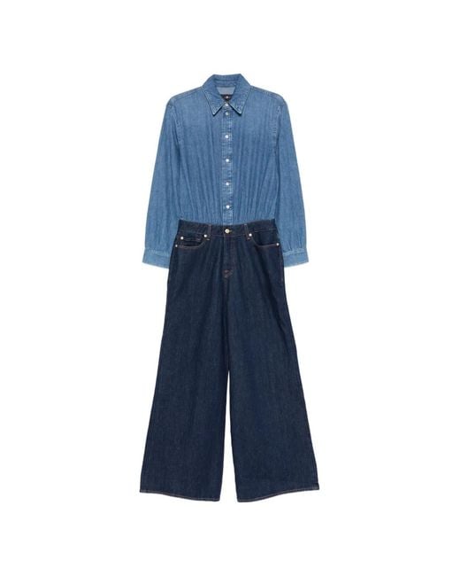 7 For All Mankind Blue Long-Sleeve Jumpsuit