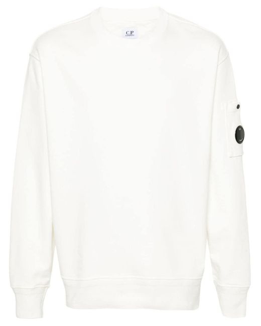 C P Company White Cotton Diagonal Fleece Lens Sweatshirt for men