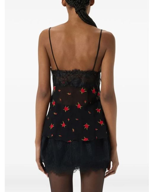 Blumarine Black Lace-Trim Embroidered Top