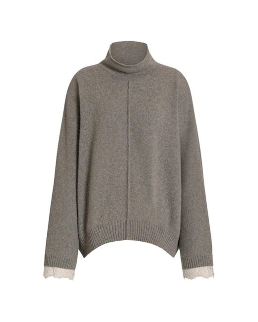 Alberta Ferretti Gray Lace-Trimmed High-Neck Sweater