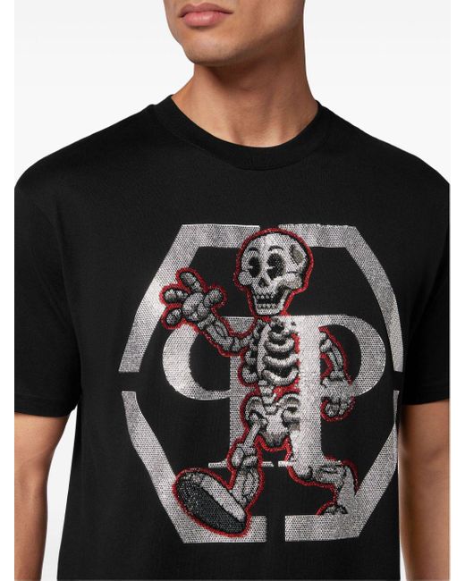 Philipp Plein Black Rhinestone-skeleton Cotton T-shirt for men