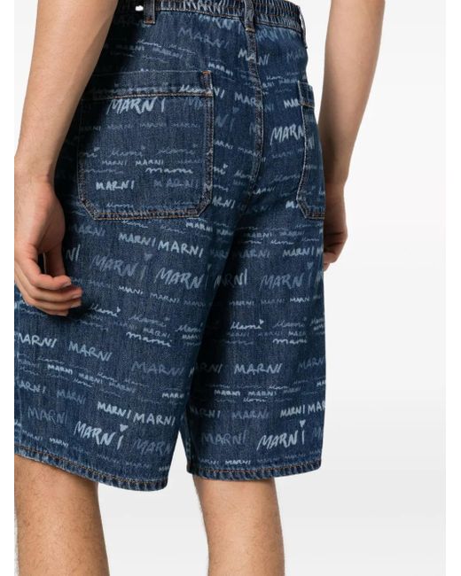 Marni Blue Logo-Print Denim Shorts for men