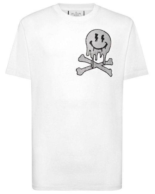Philipp Plein White Skeleton Rhinestone-embellished Cotton T-shirt for men