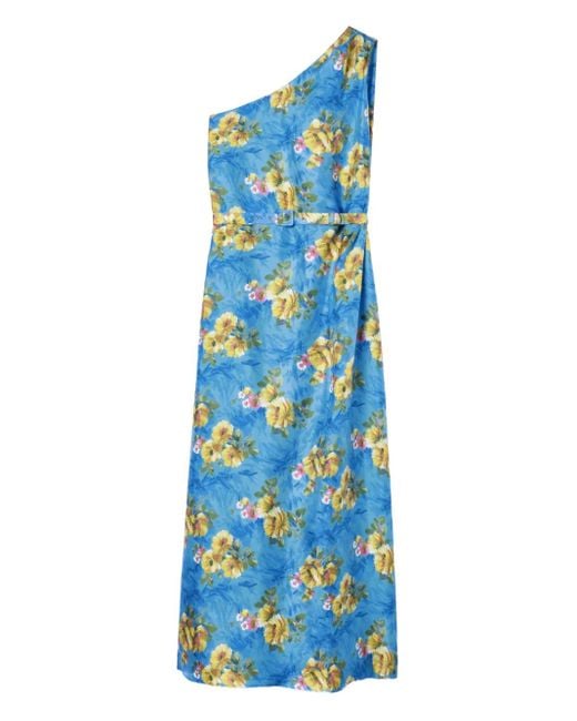 LaDoubleJ Blue Roy One-Shoulder Floral-Print Midi Dress