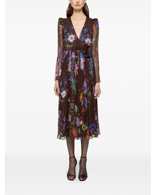 Nissa Brown Floral-Appliqué Midi Dress