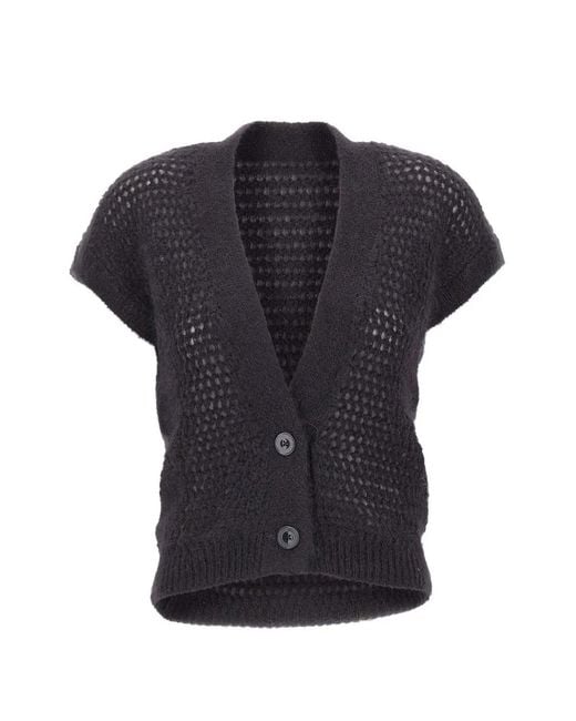 Eleventy Black Sleeveless Openwork-Knit Cardigan