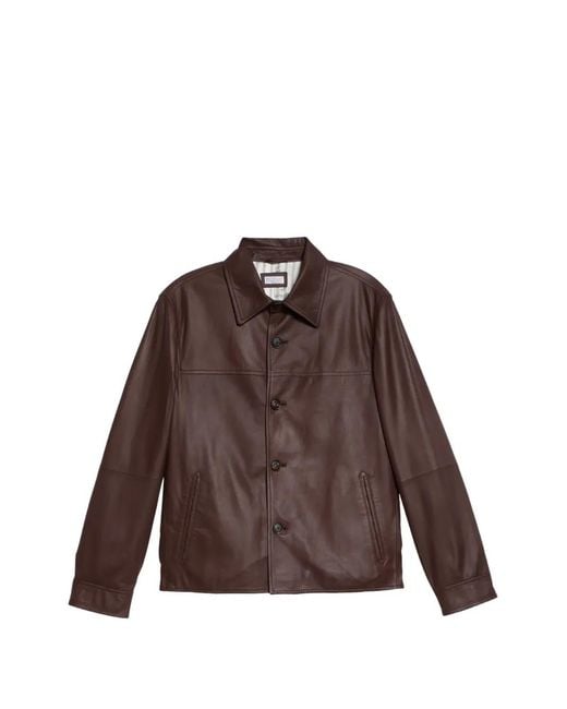 Brunello Cucinelli Brown Single-Breasted Leather Jacket for men