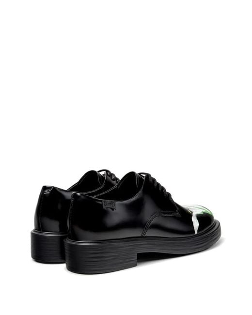 Camper Black Twins Floral-Print Leather Derby Shoes